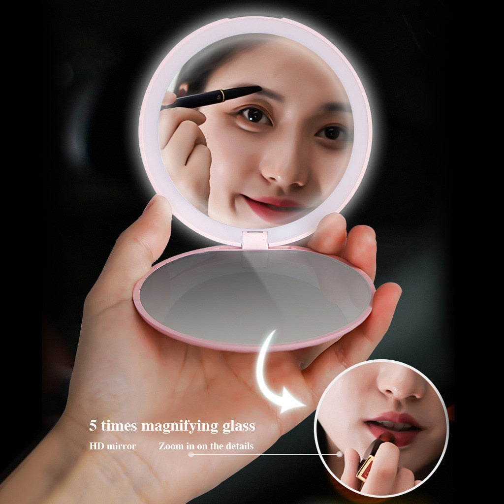 Double-Sided Lighted Makeup Mirror Portable LED Lighted Mini Circular Compact Travel 5x Magnification LED Handheld Oct